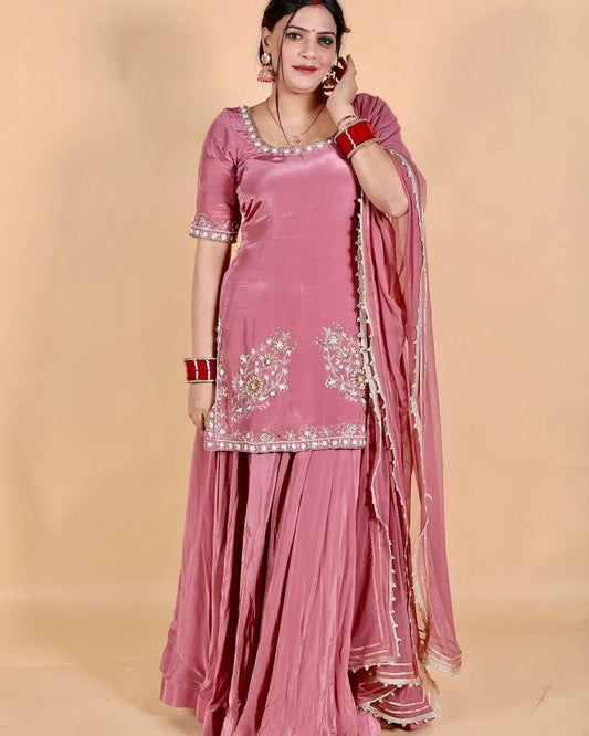 HEAVY NATURAL CREAP WITH HEAVY EMBROIDERED SEQUENCE WORK AND FOUR SIDE FANCY LACE BODAR SHARARA DRESS