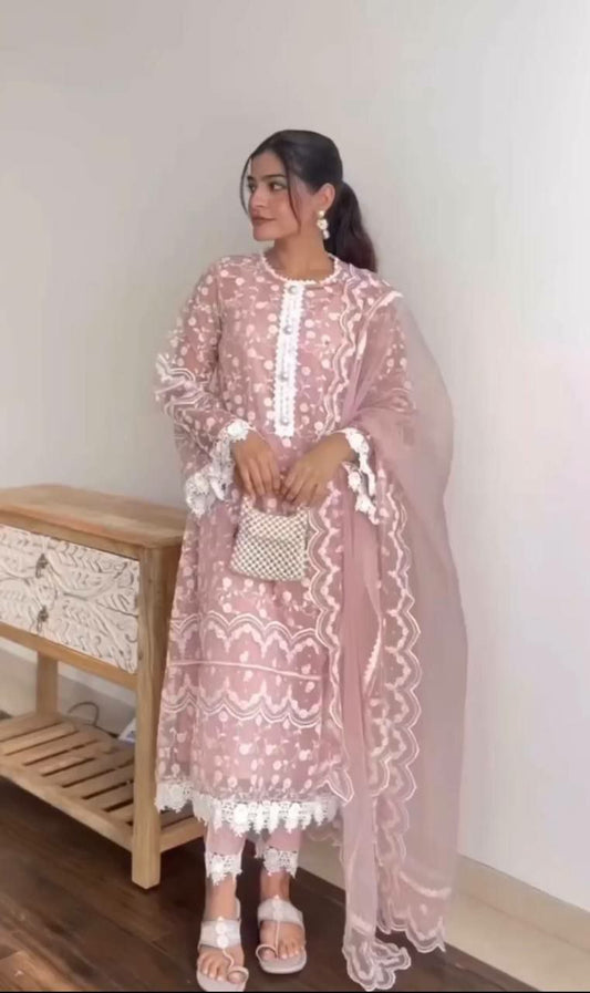 HEAVY SOFT NET WITH FRONT AND BACK BOTH SIDE FULL EMBROIDERED WORK WITH ZIPYO LESS PLAZZO DRESS