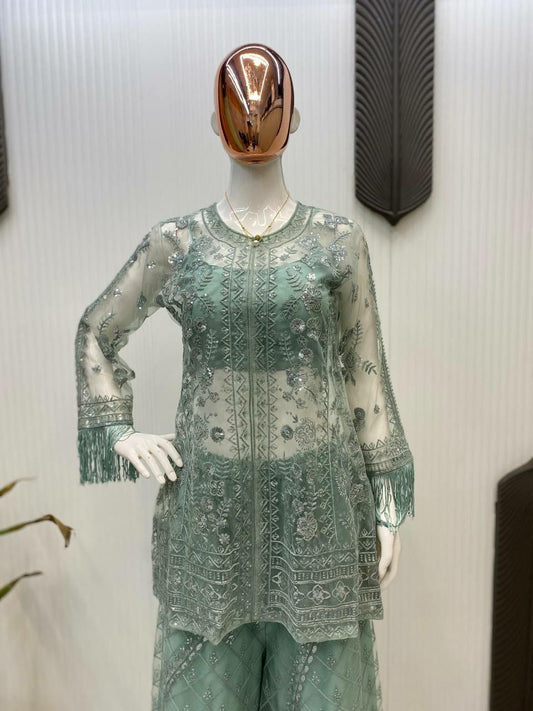 BUTTERFLY NET WITH SEQUENCE EMBROIDERY WORK ON FRONT AND BACK BOTH SIDES TOP & PALAZZO