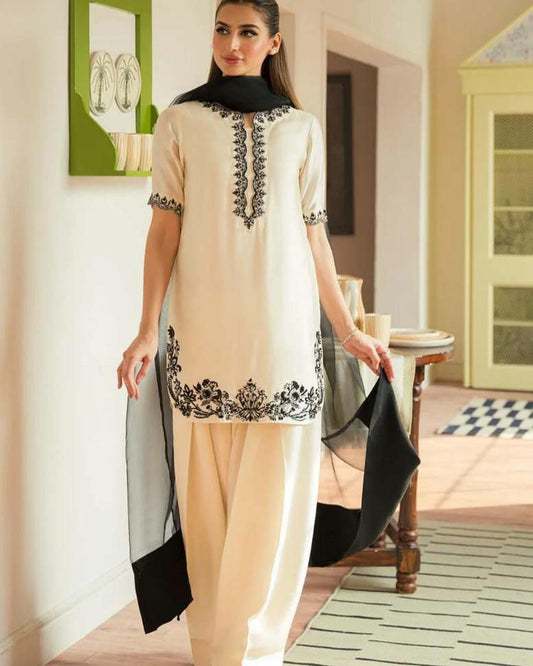 Pure Natural Crepe With Beads Hand Work & Embroidery Sequence Work With Readymade Less Border With Patta Farshi Palazzo Dress