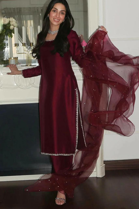 Pure Jimmy Choo Silk With Heavy Micro Cotton And Embroidery Sequence Work With Beads Work Dupatta Type Top & Bottom Dress