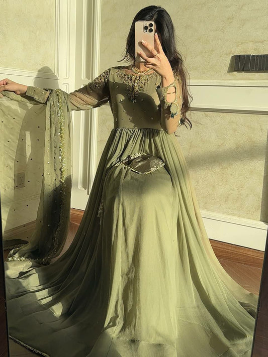 Pure Faux Georgette With Embroidery Sequence Work With Sleeves Type Bottom Gown