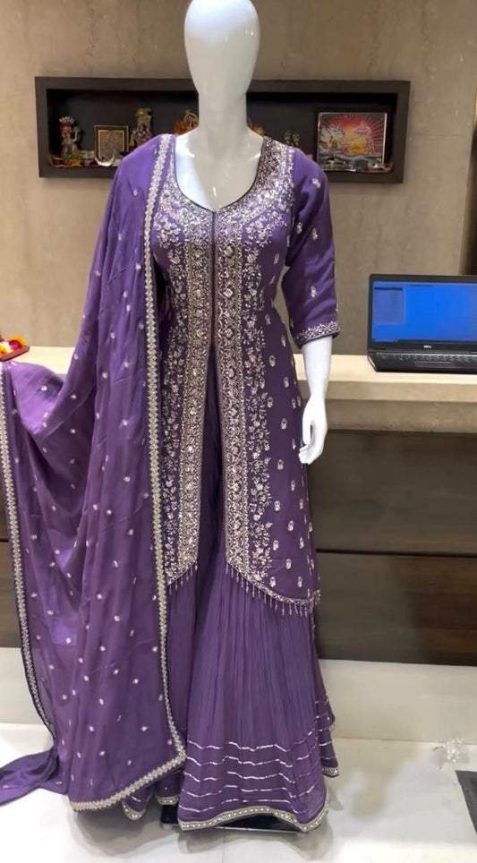Heavy Pure Chinon Silk With Heavy Embroidery Sequence Work & Four Side Lace Border Sharara Palazzo