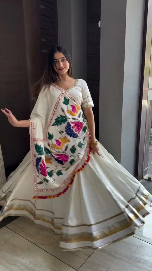 COTTON WITH EMBROIDERY WITH REAL MIRROR WORK & HEAVY GOTTA SATIN LACE LAHENGA CHOLI