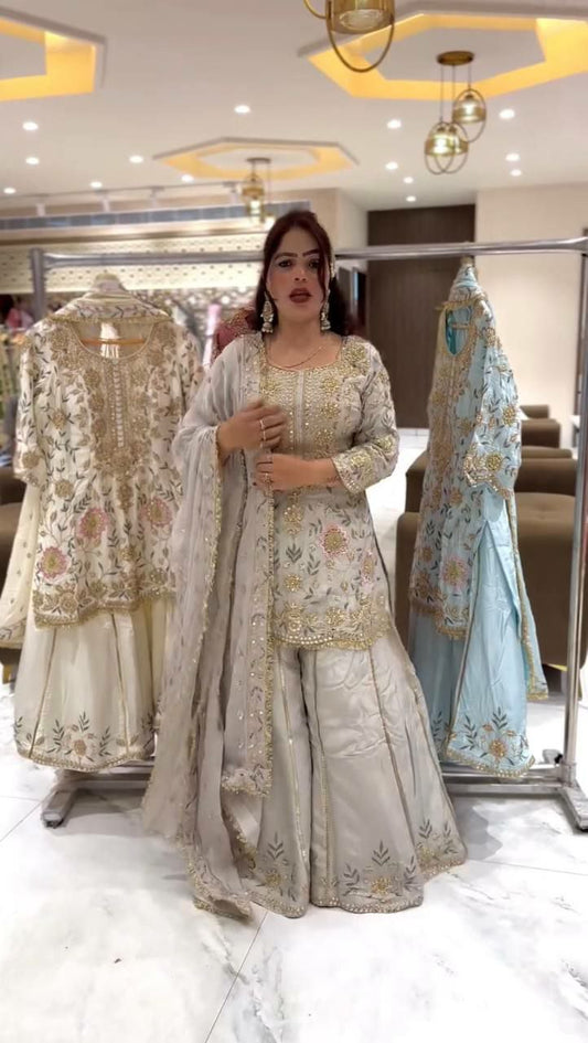 Pure Natural Crepe Silk With Fancy & Beautiful Embroidery And Sequence Work With Fancy Ready Made Lace Border Palazzo Dress