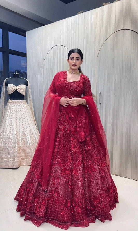 Net With Thread , Dori , Sequins & Pearl Beads Work All Over Front & Back Blouse Type Lehenga Choli