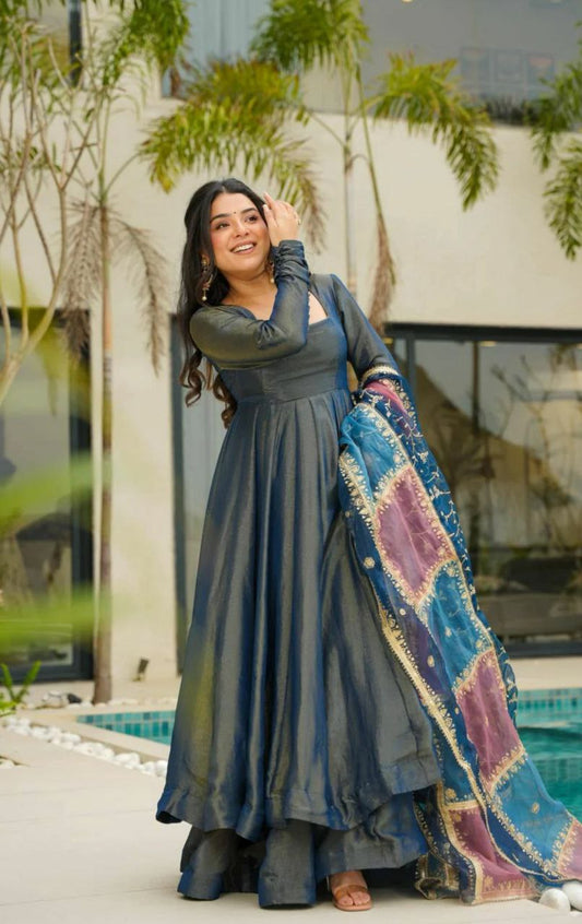 ROMAN SIMMER SILK WITH EMBRODERY SEQUENCE DESIGN WORK AND ORGENZA SILK TYPE DUPATTA PALAZZO DRESS