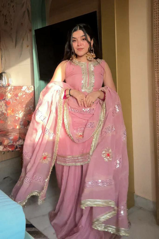 Tabby Organza With Heavy Micro Cotton And Embroidery Sequence Work With Mirror Work With Lace Border Sharara Dress