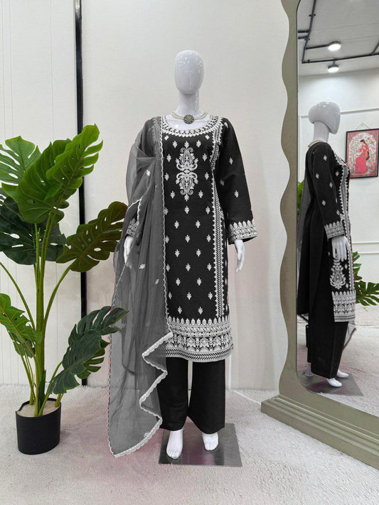 Roman Silk With Chine stich Silk Work With Elastic & Organza silk With Four Side Lace Border Work Dupatta Palazzo Dress