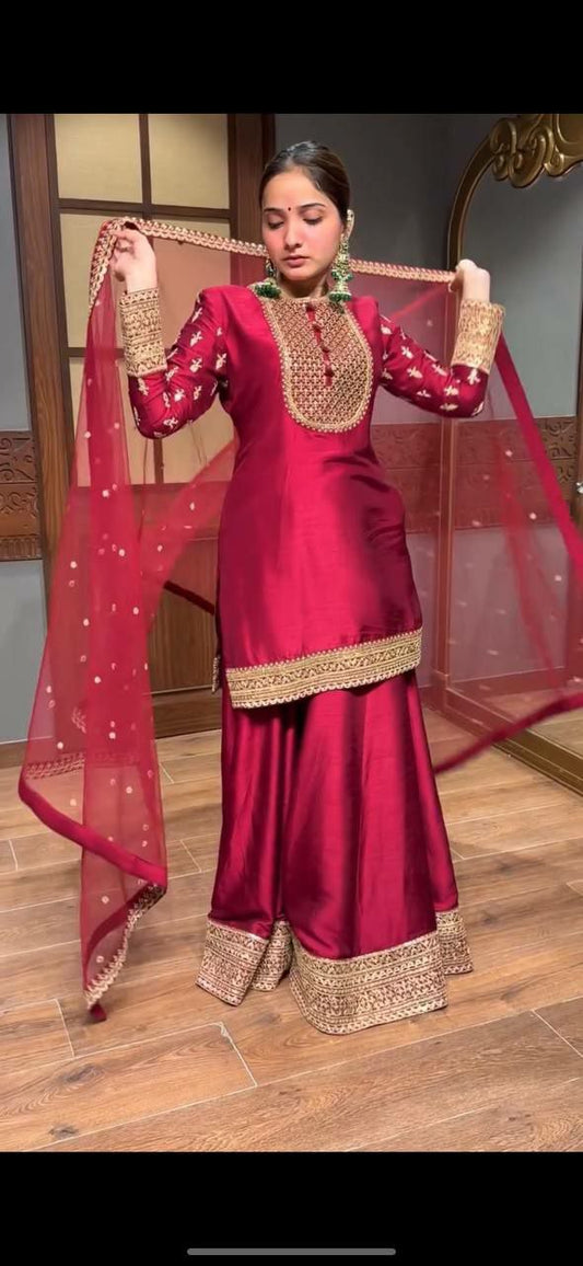 Pure Natural Satin Silk With Heavy Embroidery Sequence Work And Full Flair Sharara Palazzo Dress