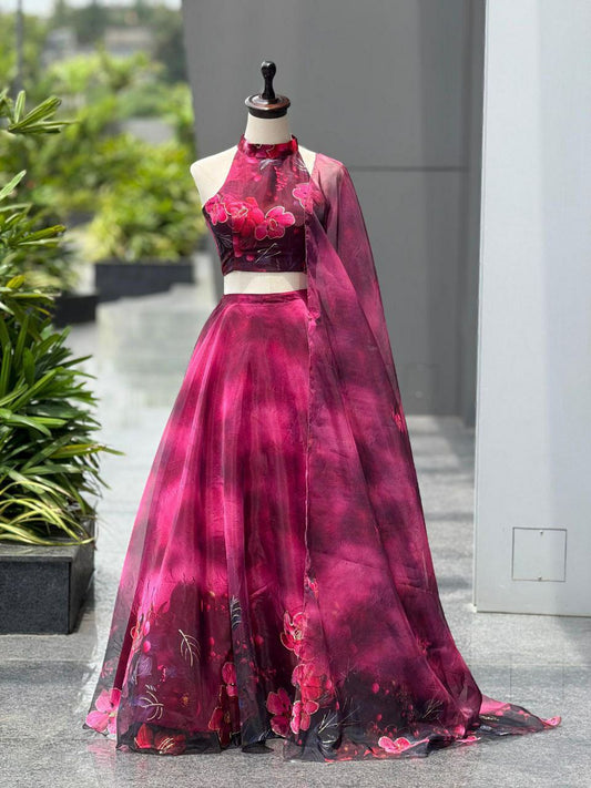 Pure Organza With Digital Print + Jari Work & 8mtr Flair Lehenga With Canvas Patta Lehenga Choli