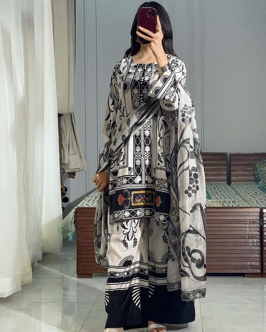 Pure Natural Crepe And Digital Print With Elastic With Sleeves And Dupatta Type Palazzo Dress