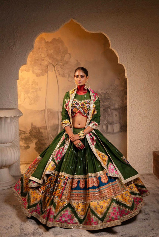 Heavy Muslin Cotton With Beautiful Digital Print With Real Mirror Work & Lampi Lace Work Lehenga Choli