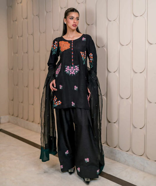 Pure Natural Crepe Silk With Embroidery Sequence Work & Soft Net With Moti Hand Work Dupatta Type Farshi Palazzo Dress