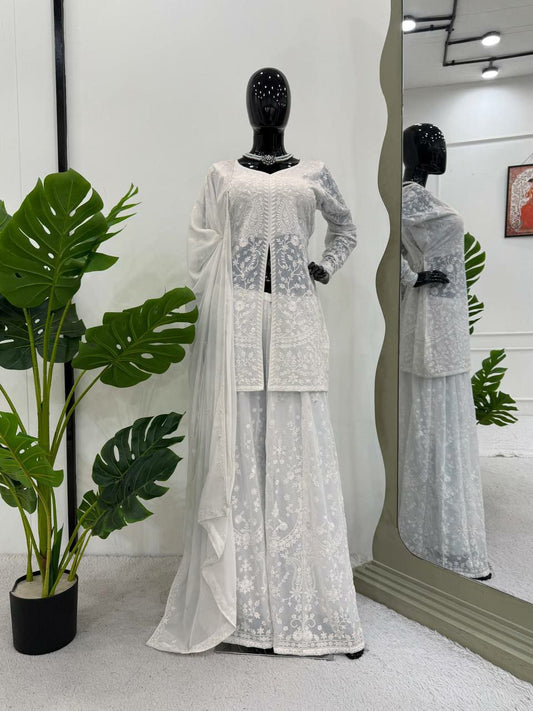 Faux Georgette With Micro Inner & Thread Work With Four Side Lace Border With Elastic Palazzo Dress