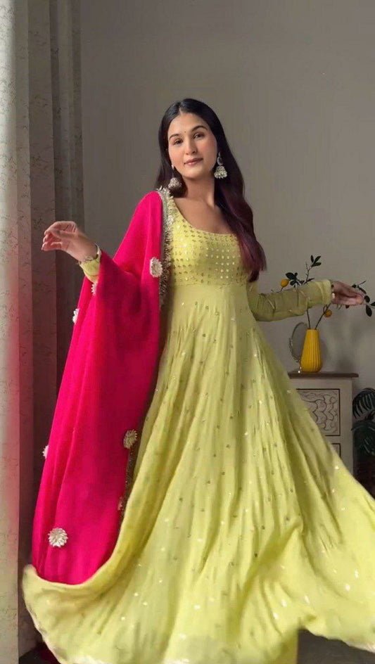Faux Georgette & Thread With Full Stich Elastic Pent And Four Side Lace Border Gown