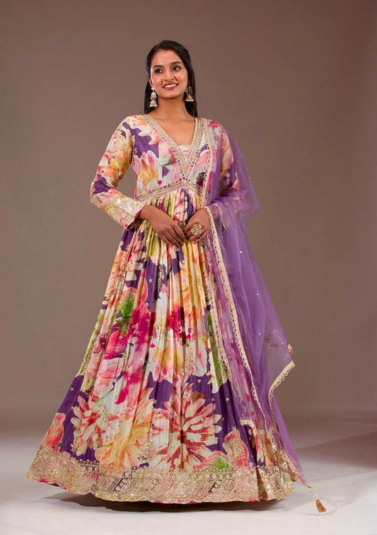 Heavy Chinon Silk With Embroidery Thread & Sequins Work With Digital Floral Prints & Real Mirror Work With Fancy Lace Border Dupatta Type Gown