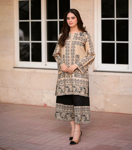 Pure Natural Crepe And Digital Print With Elastic With Sleeves Type Palazzo Suit