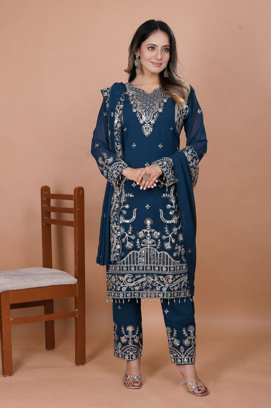 Fox Georgette And Coding Heavy Sequence Embroidery Work With Ready Made Lace Border Dress