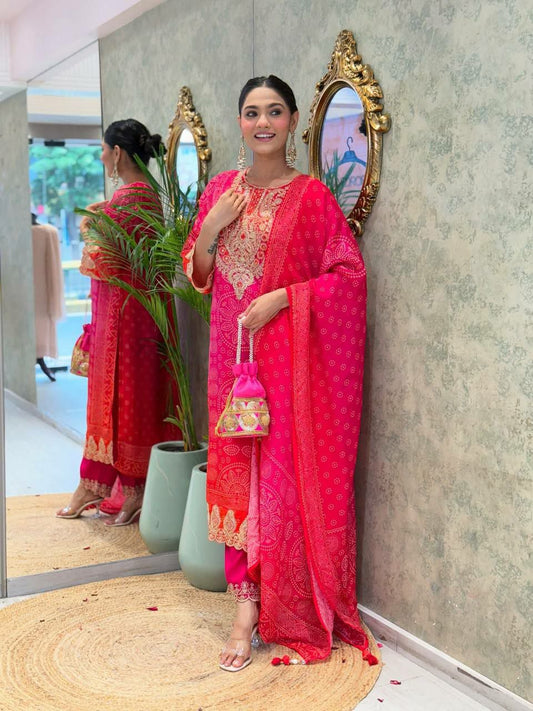 Pure Natural Crepe And Heavy Embroidery Coding Dori-Sequence Work With Beautiful Digital Print And Real Mirror Work With Elastic Palazzo Dress