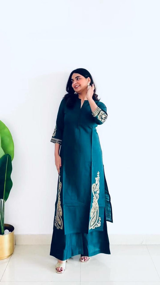 HEAVY ROMAN SILK WITH MICRO COTTON AND EMBROIDRY WORK FRONT AND BACK BOTH SIDE SAME WORK TOP & PALAZZO KURTI