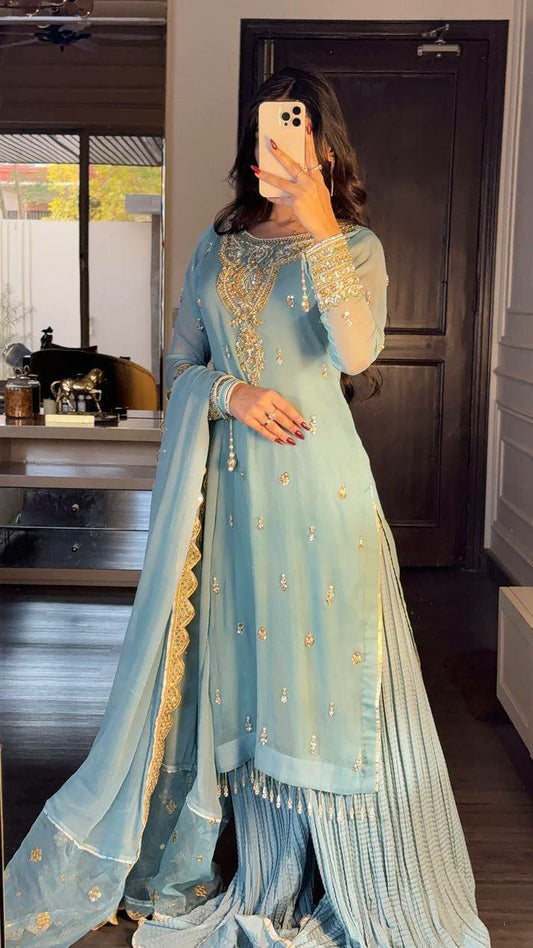Heavy Faux Georgette And Heavy Embroidery Sequence Work With Crepe And Lace Border With Elastic Palazzo Dress