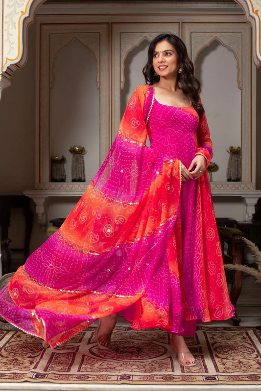 Faux Georgette With Soft Micro Cotton And Digital print With Sequence With 4-Side Work Border Dupatta Type Anarkali Gown