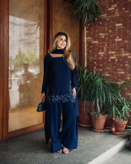 Pure Natural Crepe Silk With Heavy Micro Cotton And Embroidery Sequence Work With Elastic Farshi Palazzo Dress