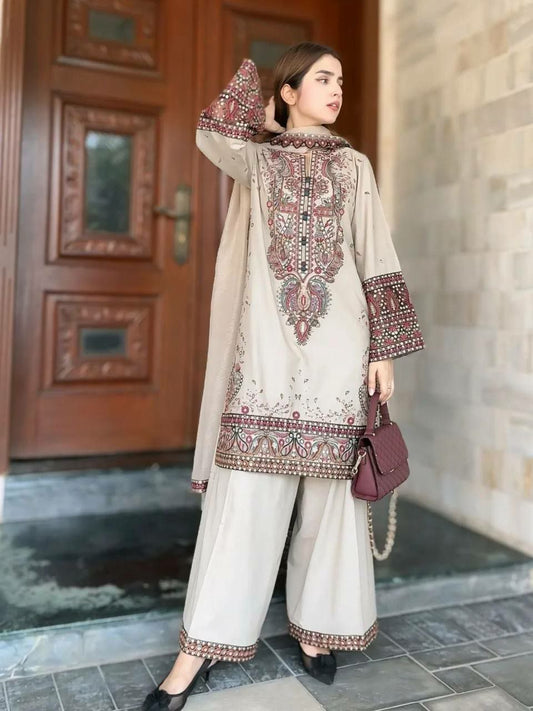 ROMAN SILK WITH MICRO INNER AND SEQUENCE EMBROIDERY WORK WITH LACE PALAZZO DRESS