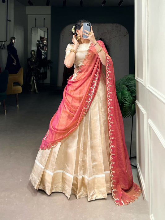 Jacquard Chex With Sequins And Thread Embroidery Work With Zari Weaving Work Lehenga Choli
