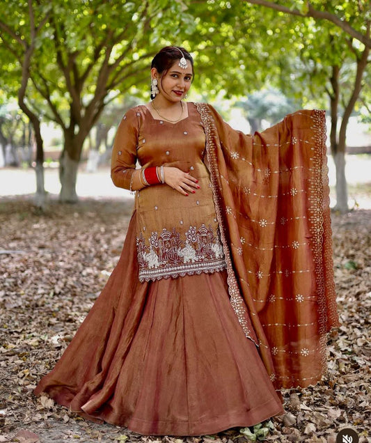 Simmer Silk And Bids Hand Work With Sequence Multi Needle Embroidery Work And Zari Work Top & Lehenga
