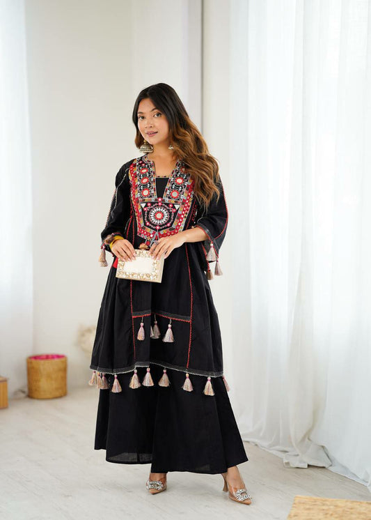 Pure Khadi Cotton With Embroidery Sequence Work & Mirror Work With Pocket Palazzo Suit