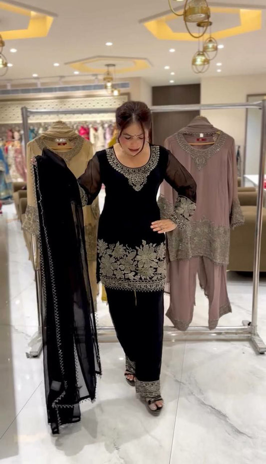Faux Georgette With Heavy Embroidery Sequence Work With Heavy Lace Border Top & Bottom Dress