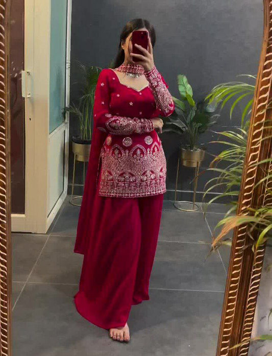 Vichitra Silk With Micro Inner And Coding Sequence Embroidery Work With Elastic Sharara Dress