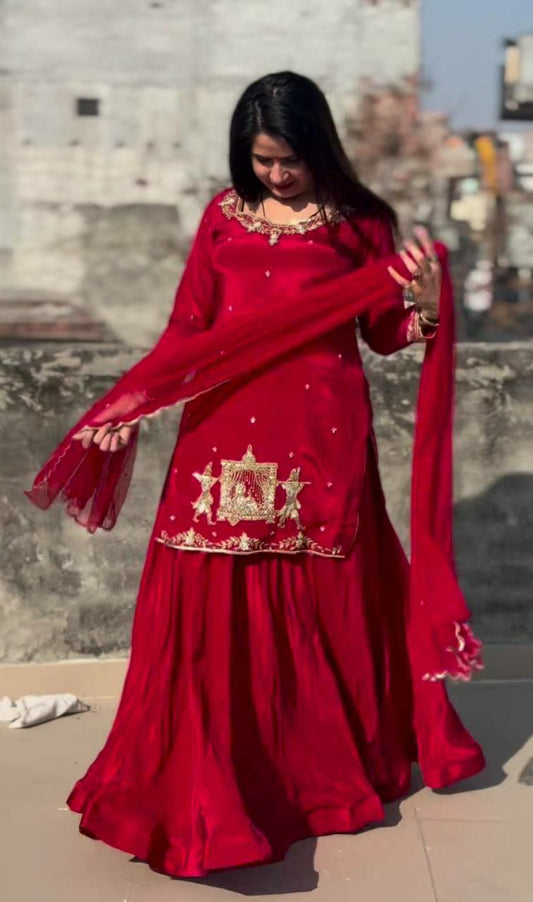 Natural Crepe Silk With Bids Hand Work With Sequence Multi Needle Embroidery Work And Zari Work Lehenga & Top