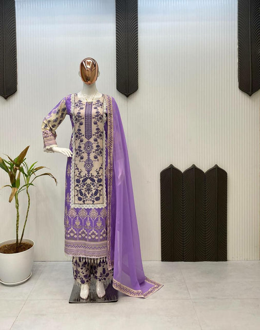 MASLIN WITH REAL MIRROR AND DIAMOND WORK AND LATKAN LACE ON BOTTOM SIDES WITH PRINTED LACE DUPATTA TYPE DRESS