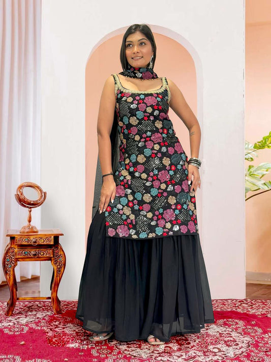 HEAVY FAUX GEPRGETTE WITH ATTRACTIVE & BEAUTIFUL EMBROIDERY SEQUENCE WORK SHARARA KURTI