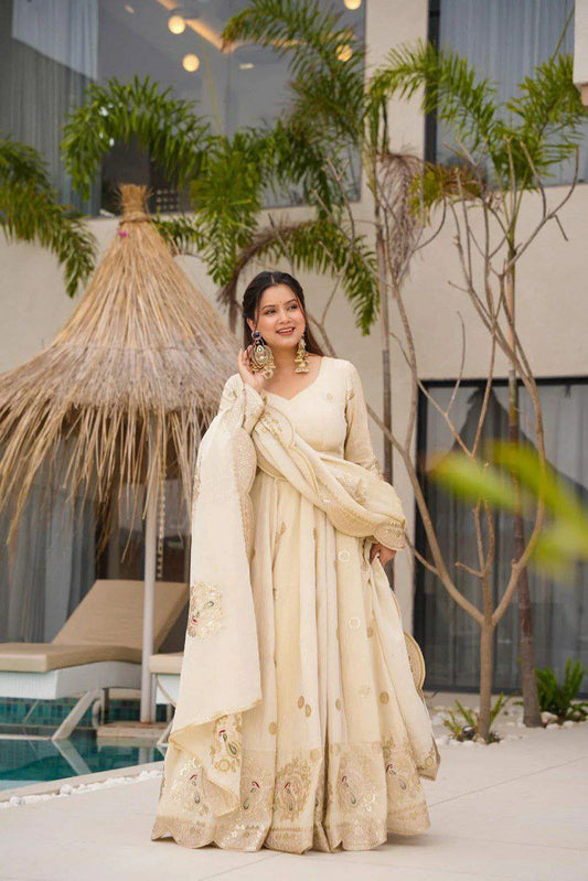 Soft Fabric Coding With Sequence Work Floor Length Anarkali Gown At Low Rate