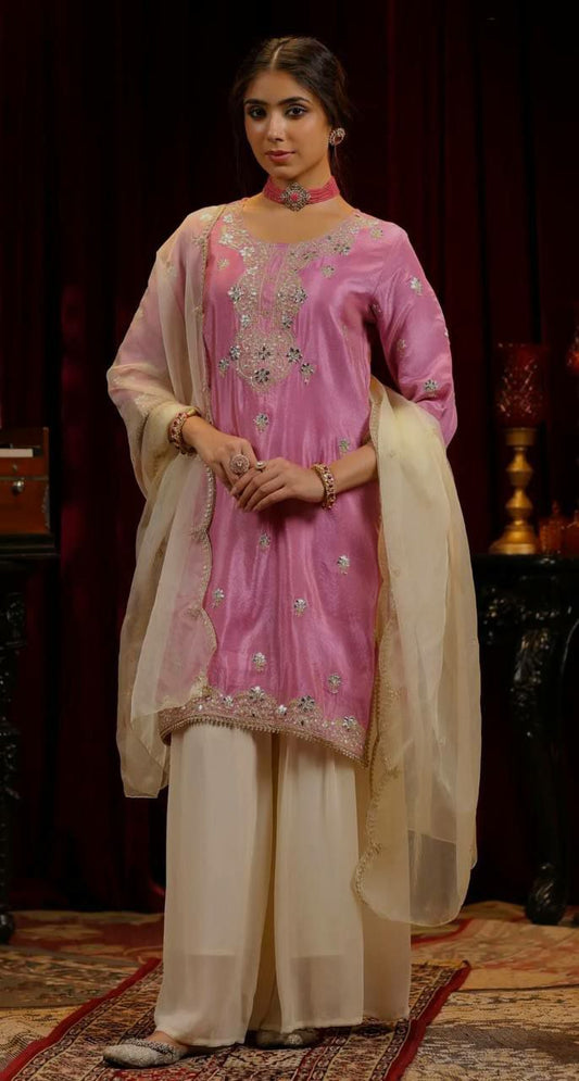 PURE CHINON SILK WITH BEAUTIFUL & PRETTY EMBROIDERY SEQUENCE WORK WITH CODING WORK PALAZZO KURTI