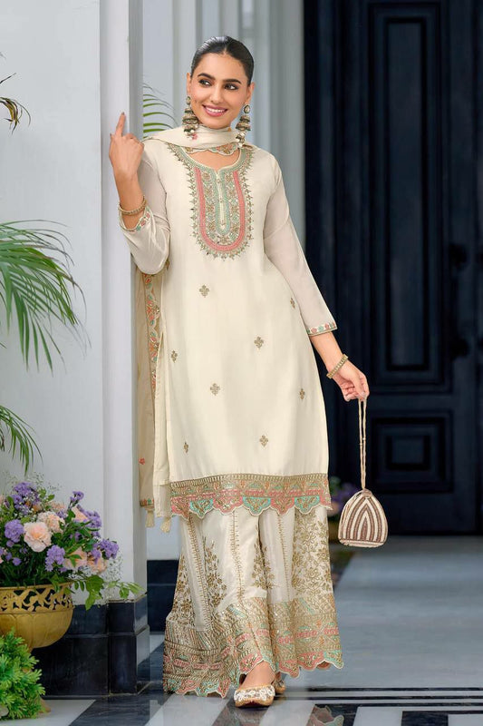 Heavy Chinon Silk And Malty Thread Embroidery Sequence Work With Flair And Lace Border Sharara Dress