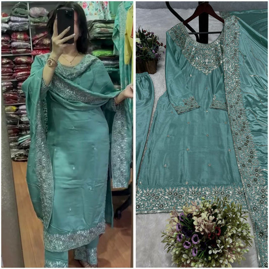 PURE CHINON  SILK THREAD AND SEQUENCE WORK KURTI & PENT WITH DUPATTA SET