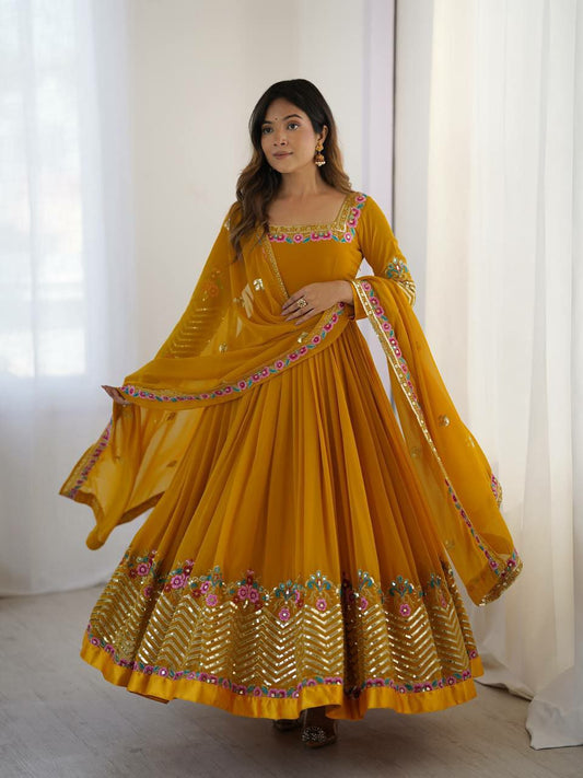 Heavy Georgette With Micro Cotton And Multi Thread Heavy Embroidery Sequence Work Type Top & Bottom Gown