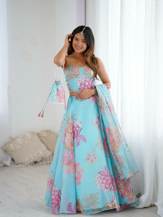 Pure Organza Corset Pattern Blouse With Embroidery Sequence Work And Digital Printed Lehenga Choli