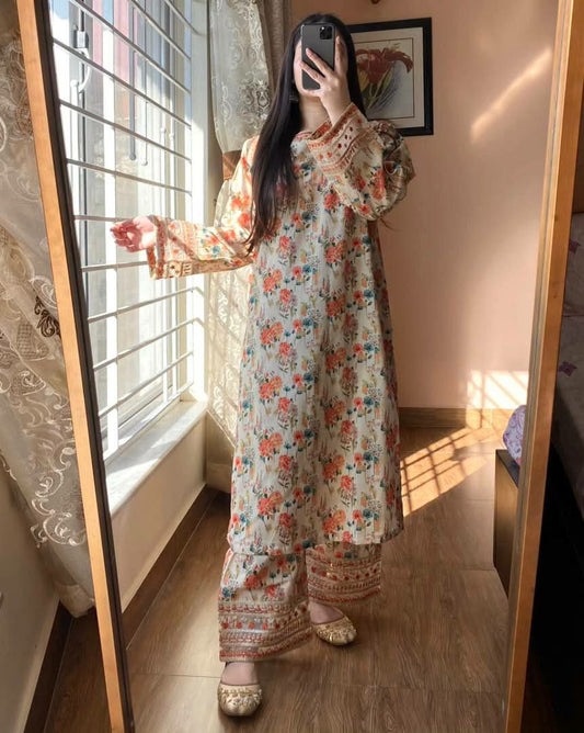 Pure Natural Roman Silk With Digital Print With Embroidery Sequence Work With Sleeves With Elastic Palazzo Dress