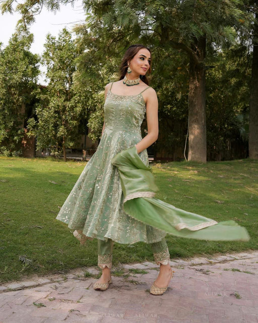 Fandy Silk And Micro Cotton Inner & Embroidery Sequence Work With Elastic Bottom Gown