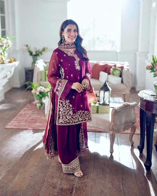 HEAVY FRANCH CRAPE WITH HEAVY EMBROIDERY SEQUENCE AND FANCY CUT WORK PALAZZO DRESS