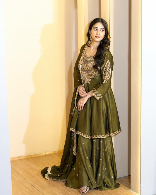 Heavy Simar Silk With Embroidery Sequence Work And Kali Cutting Stitched With Elastic Sharara Dress