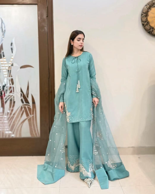 Pure Natural Crepe With Embroidery Sequence Work With Tassels With Patta Palazzo Dress