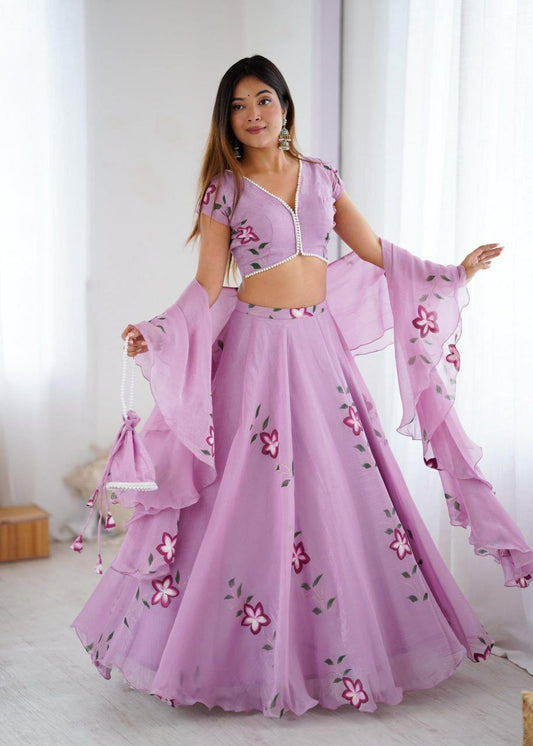 Fandy Crush With Hand Paint 8 Mtr Flair With Canvas Patta With Pearl Lace Blouse Lehenga Choli