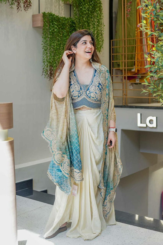 MONO SILK AND FRENCH CREAPE WITH CORDING SEQUENCE EMBROIDERY WORK TUBE BLOUSE & DRAPED SKIRT